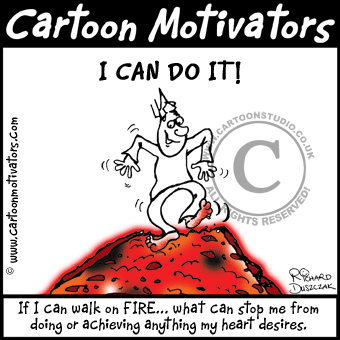 fire walking cartoon animation. Guy walks across red hot coals