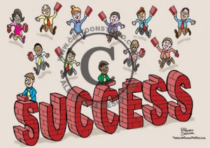 building-success cartoon of people running with bricks to build SUCCESS!