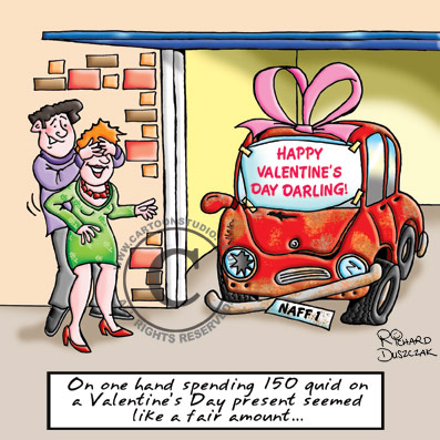 ValentinesDayPresent Valentine's Day cartoon of guy giving his wife a big bow wrapped car as a present!