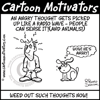 AngryThought motivational cartoon - guy having angry thought that is being picked up by a cartoon dog