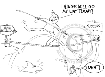 BoldBehavior motivational cartoon of guy tight rope walking across river full of sharks - bold behavior will get you to success!