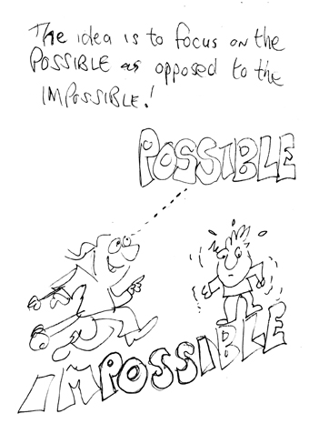 FocusOnPossible cartoon of guy running towards the word 'POSSIBLE'. Another guy shivering/scared at the word IMPOSSIBLE.