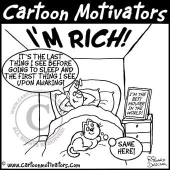LastThingISee Cartoon Motivator - I"M RICH written on bedroom ceiling. The last thing you see at night