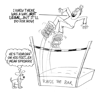 RaiseTheBar cartoon of guy with springs for legs leaping over raised bar