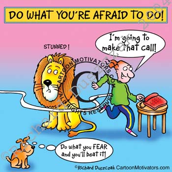 MakeThatCall Cartoon of guy running around a lion to make a call