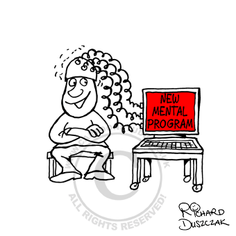 simple animated cartoon, cartoon of guy sat at computer having a new mental program installed