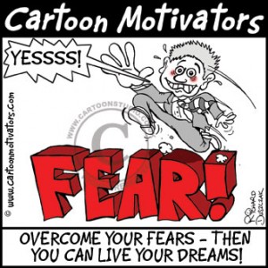 OvercomeYourFears Motivational cartoon - Overcoming your fears. Guy jumping over the work FEAR shouting YESSSS!