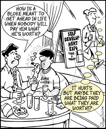 PayHimWhatHesWorth Cartoon of 'work shy' guys sat talking in a bar.