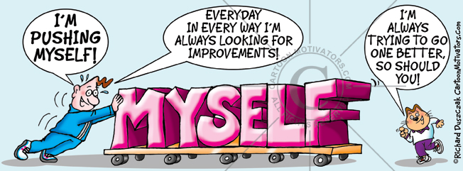 PushingMyself drinking mug cartoon design - motivational mug design, I'm pushing myself. always looking for improvements, every day in every way I'm getting better