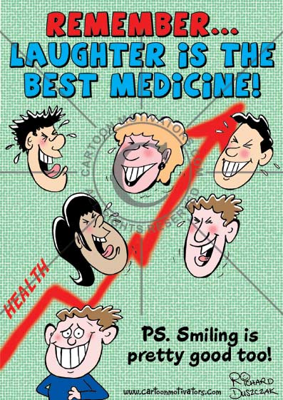 LaughterBestMedicine "Laughter" Laughter is the best medicine - smiling is pretty good for you too. Cartoon of faces laughing and one smiling. Graph in the background going upwards.